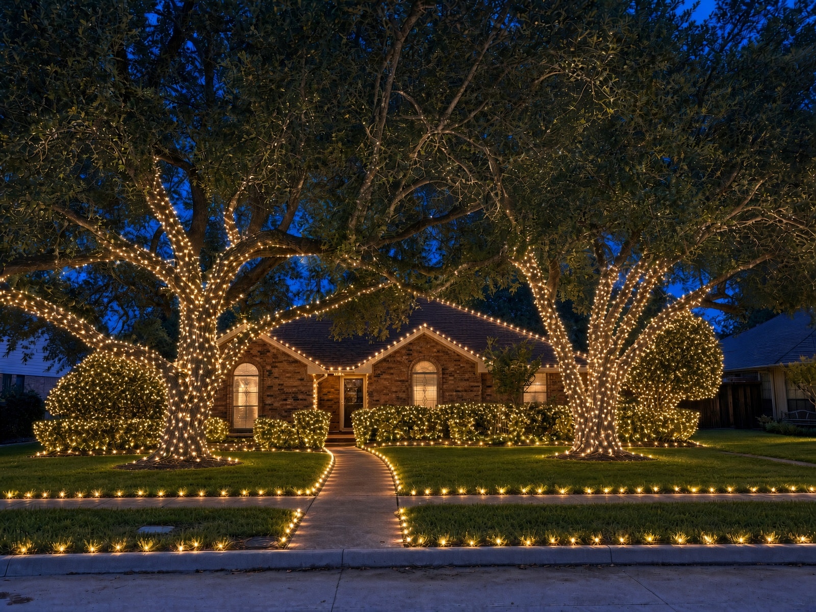 Large two story house Christmas lights roofline exterior