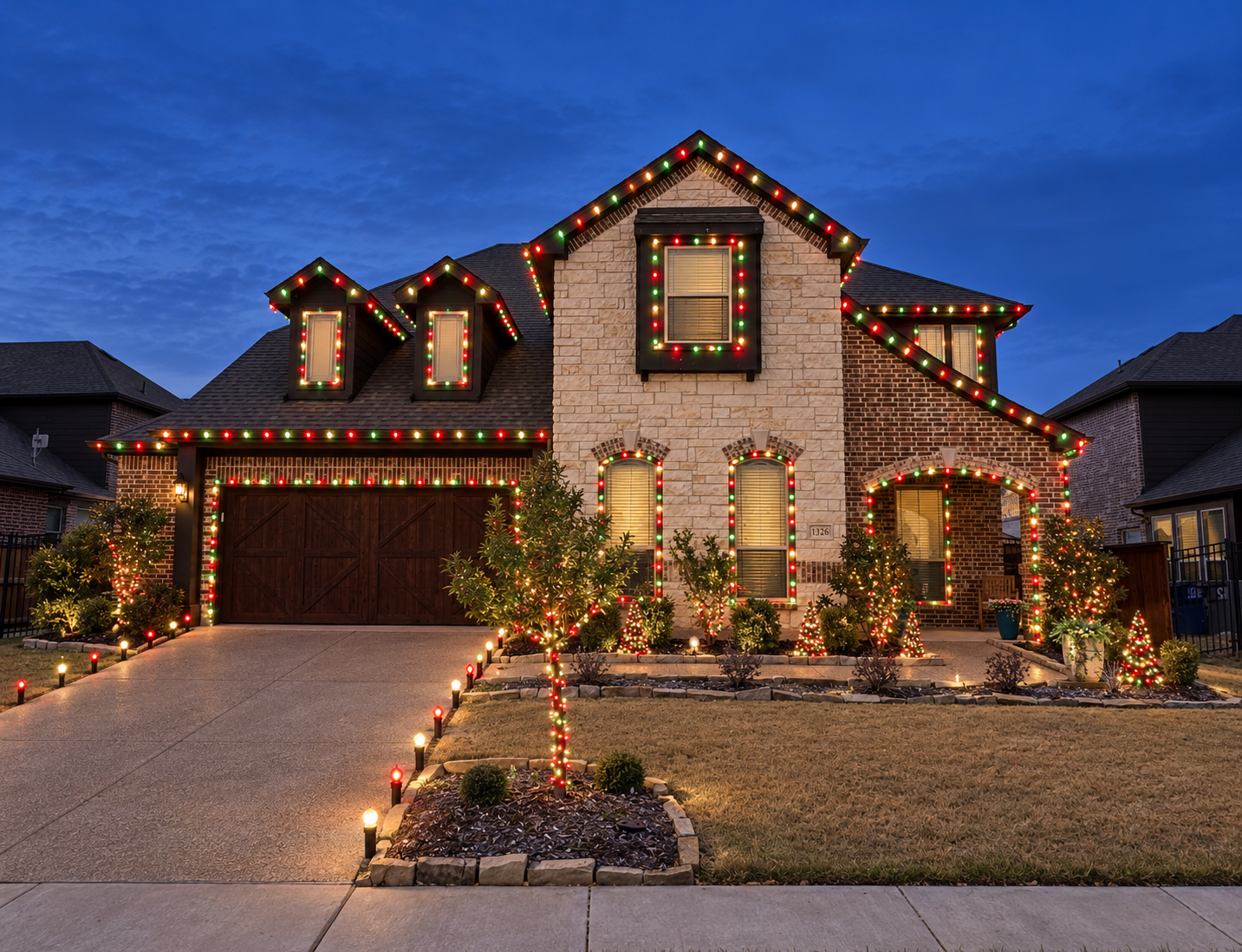 Christmas lights wrapped columns porch pillars home